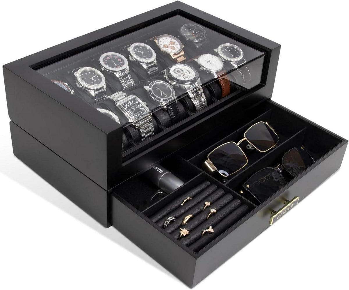 Uhrenbox mit 12 Fächern und Schublade, Echtholz Uhrenkoffer