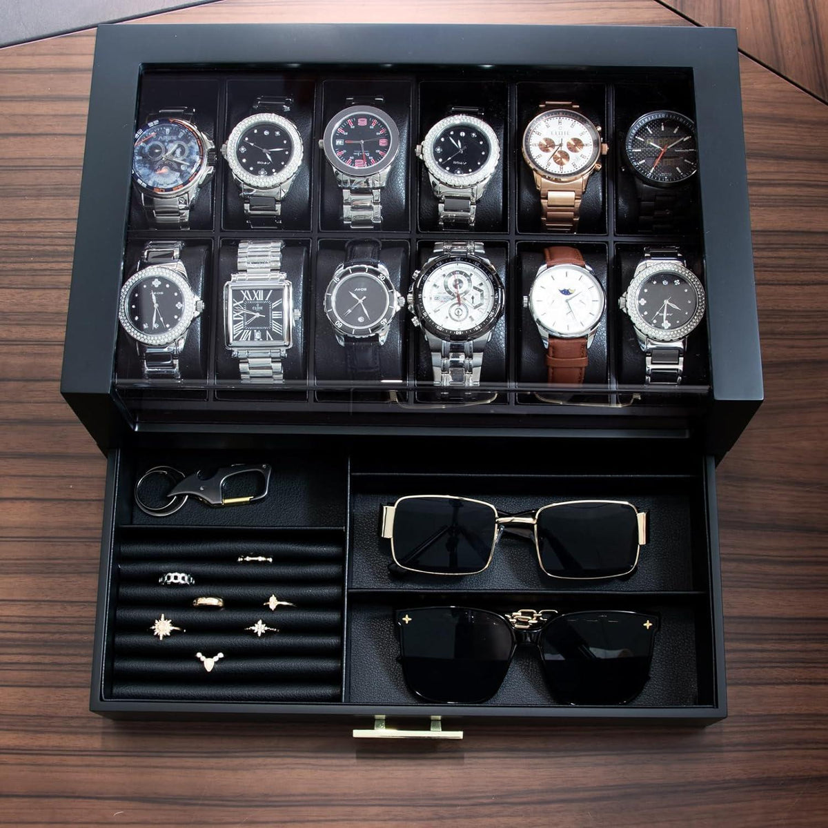 Uhrenbox Herren 12 Fächer Echtholz Uhrenkoffer Schublade Geschenke Vater Freund