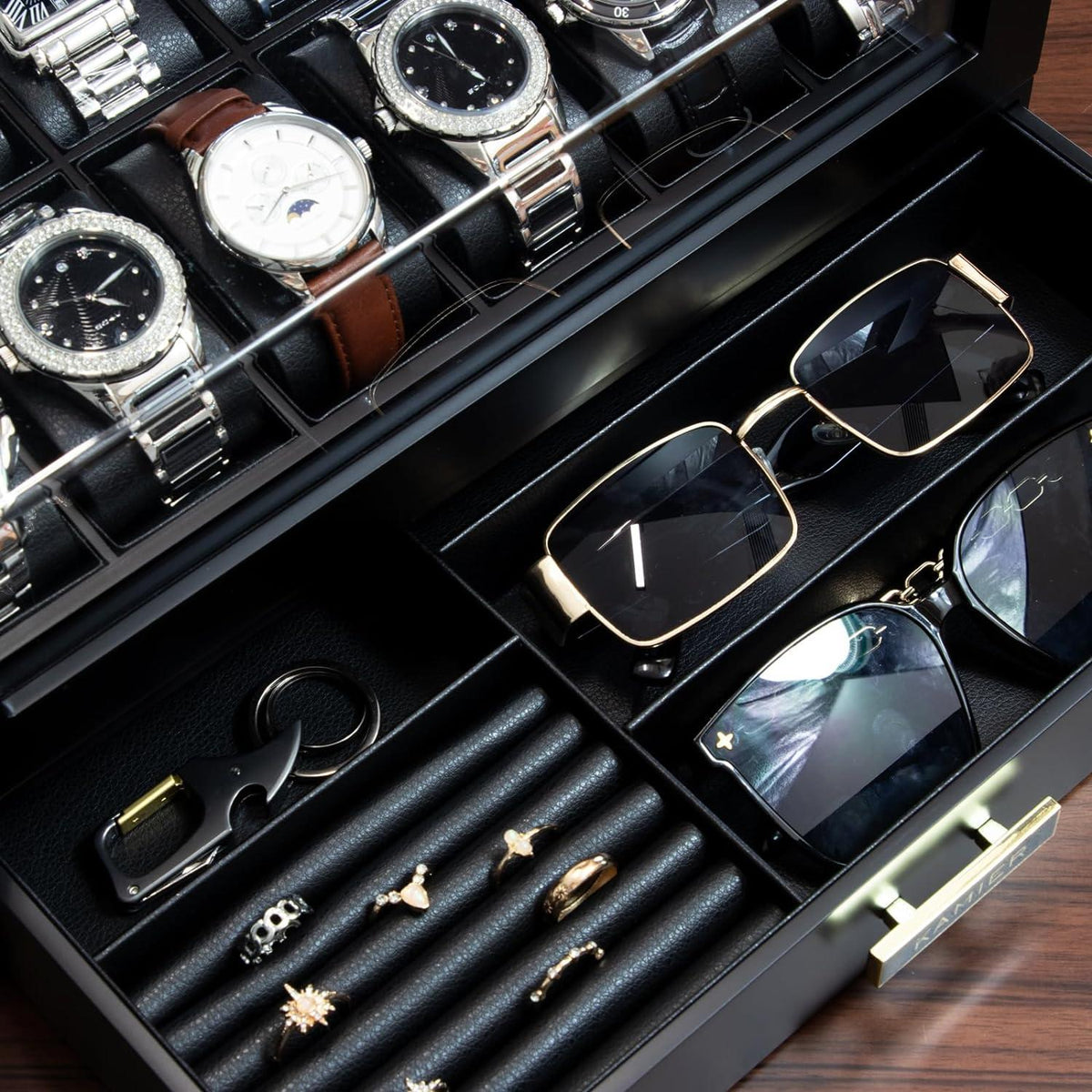Uhrenbox Herren Echtholz 12 Fächer Lederkissen Schublade - Schwarz