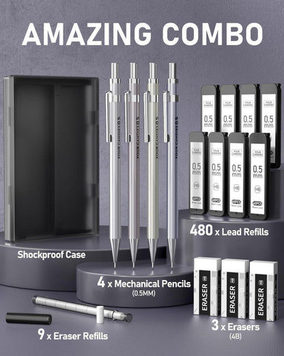 Druckbleistift Set 0,5mm HB Blei Radiergummi Etui