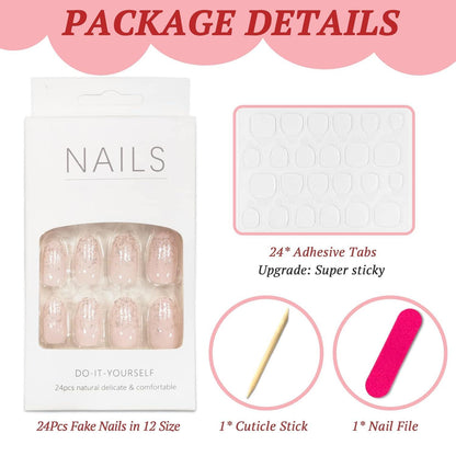 24er Set Künstliche Nägel Kurz Mandel Rosa Glänzend Acryl French Design