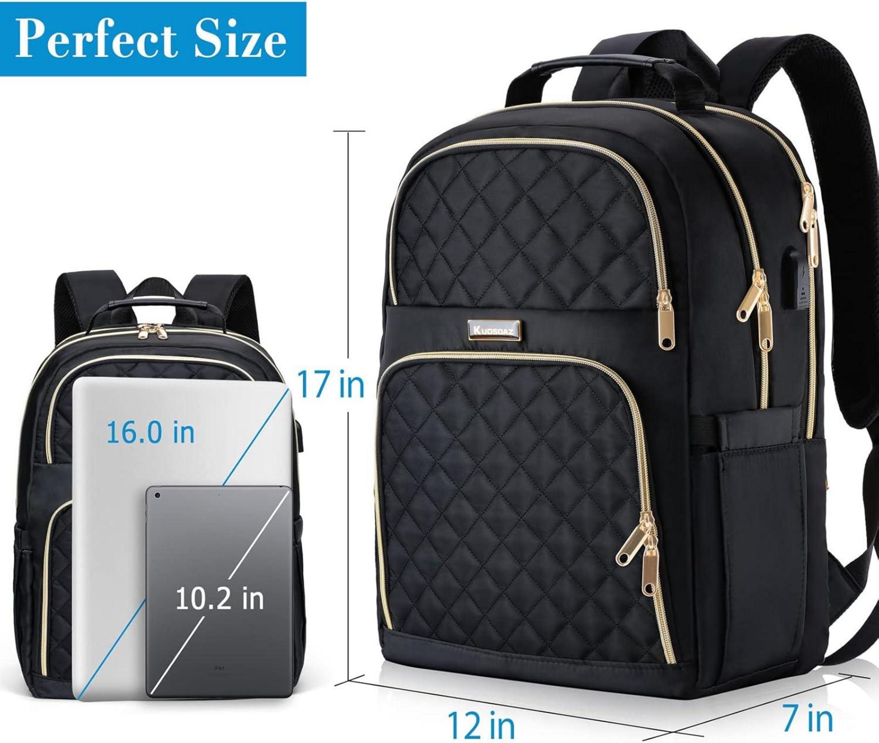 Schwarzer Kuosdaz Rucksack Damen 15,6 Zoll USB-Ladeanschluss