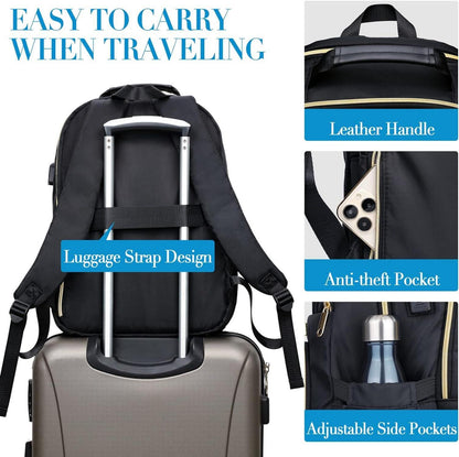 Damen Rucksack 15,6 Zoll USB Ladeanschluss Laptop Daypack Schwarz