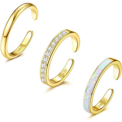 3er Set Verstellbare Zehenringe 14K Gold gefüllt mit Opal & CZ Blume