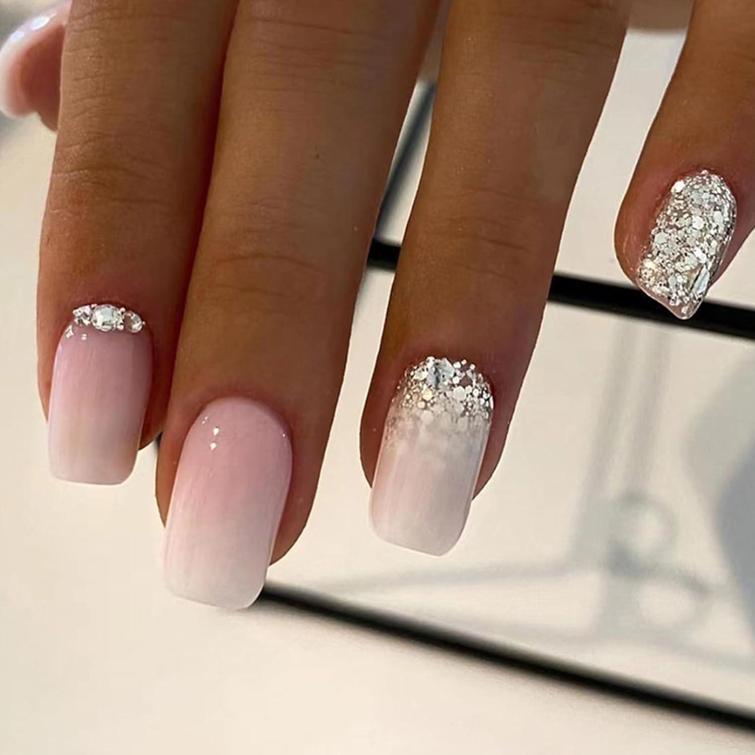 24 Stück Press on Nägel Kurz Rosa Gradient Acryl Fake Nails