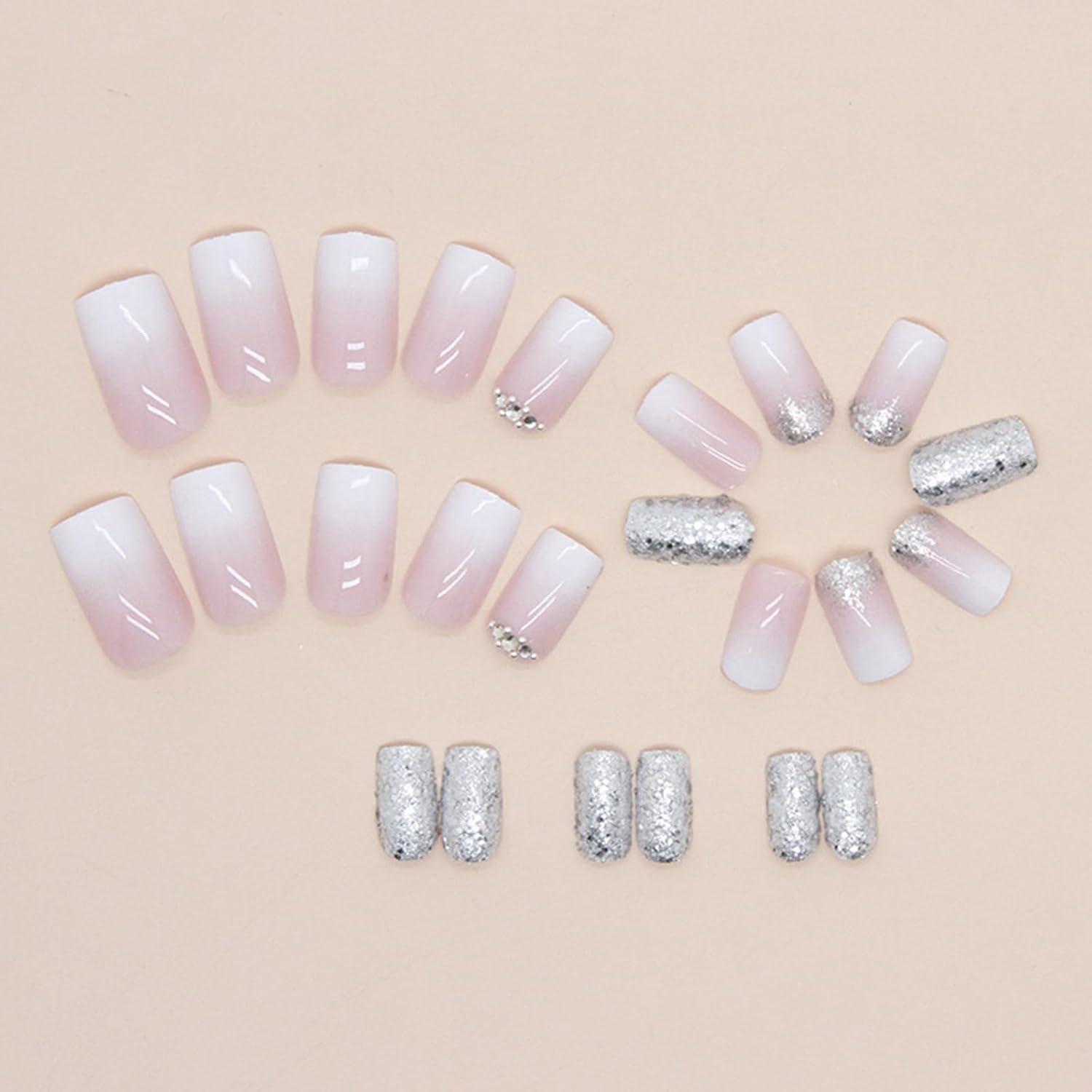 24 Stück Rosa Gradient Französische Acryl Nägel Kurz für Frauen