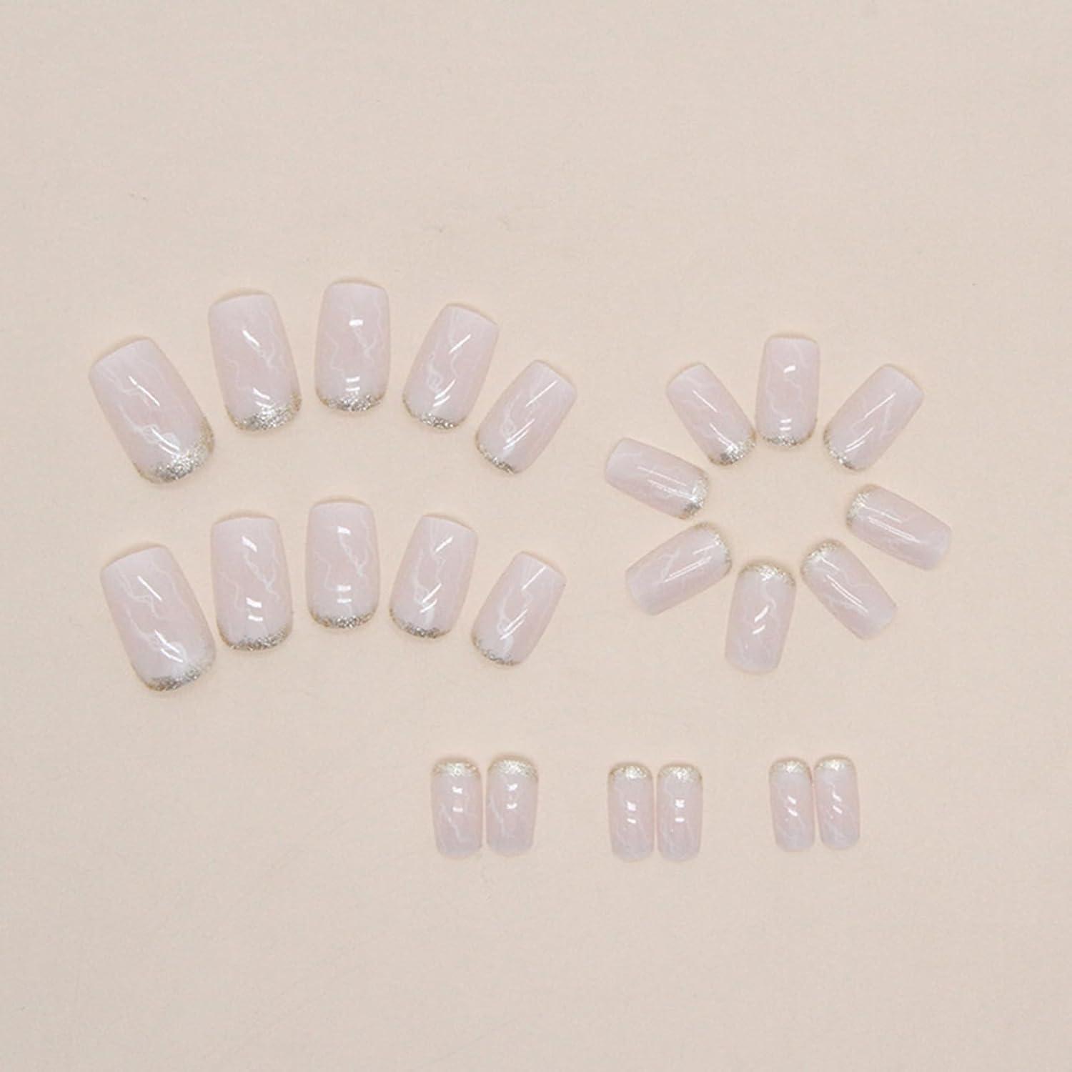 24er Set Glossy French Weiß Marmor Nägel Aufkleben Acryl Press-on Nails