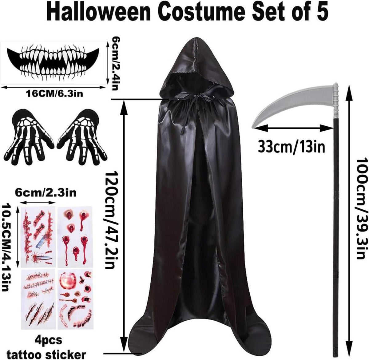 Halloween Umhang Sensenmann Schwarzer Vampir Kostüm Kids Set