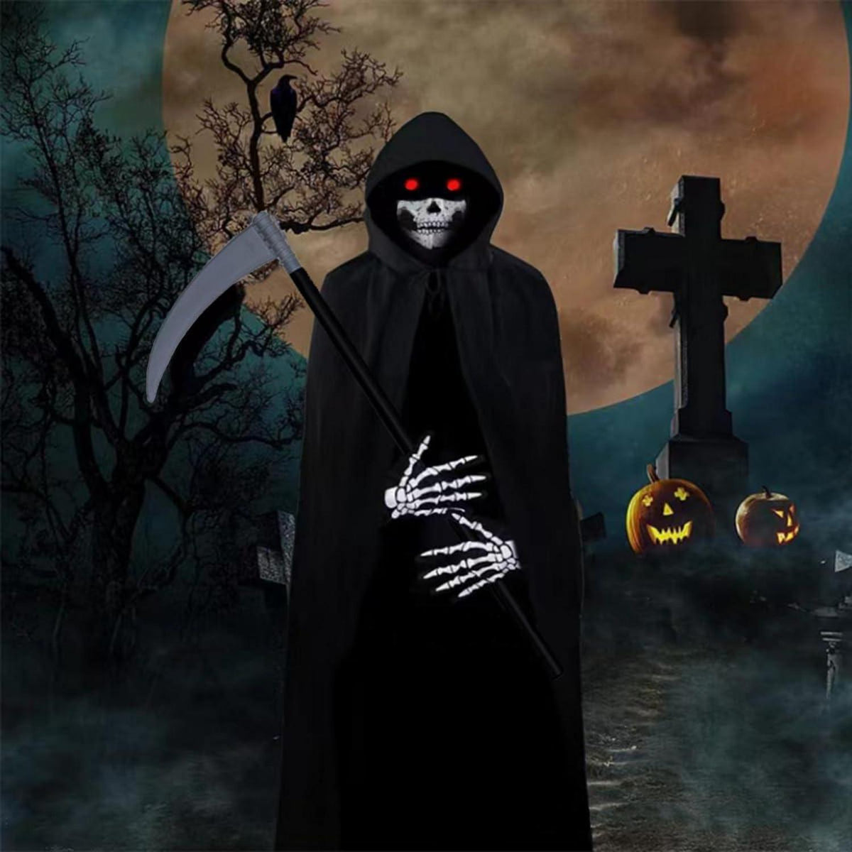 Halloween Umhang Schwarzer Sensenmann Kostüm Set 120/150/170/190CM