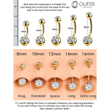 Bauchnabelpiercing Titan Gold 16mm mit Zirkonia Kugeln