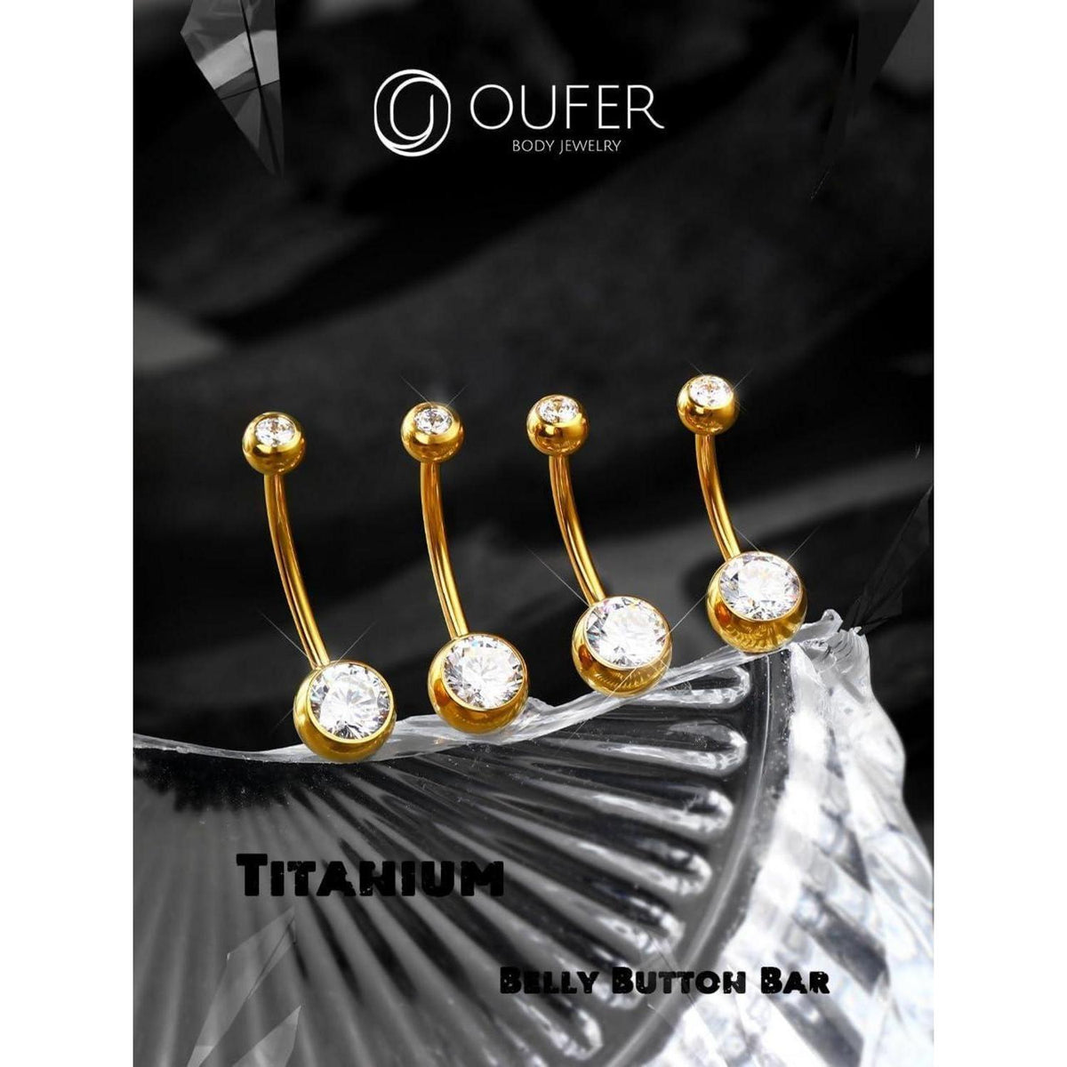 Bauchnabelpiercing Titan Gold 16mm mit Zirkonia Kugeln
