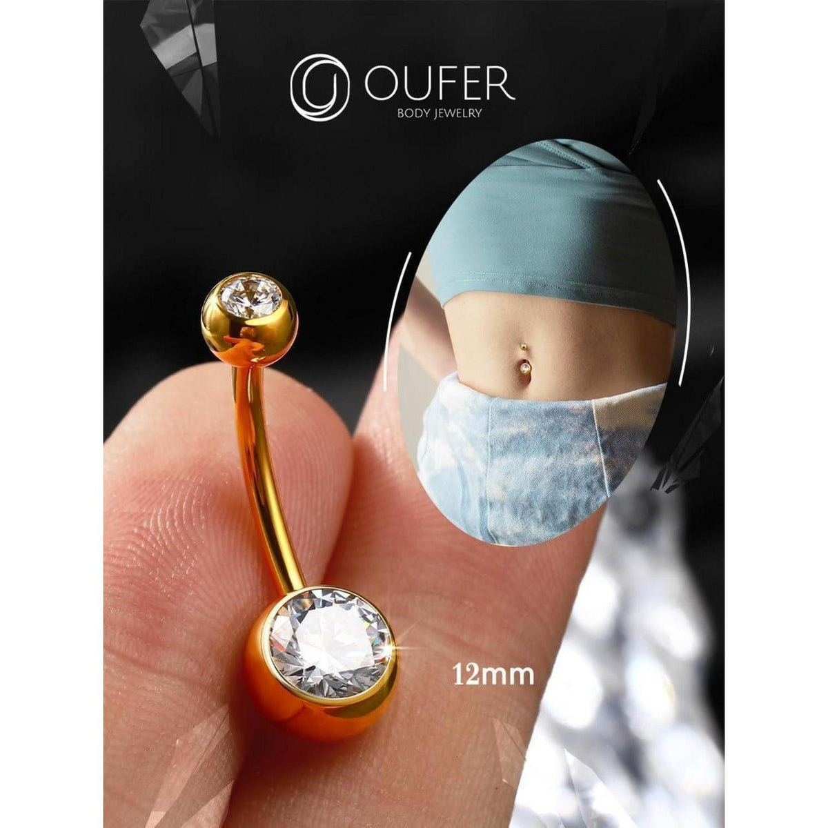 Bauchnabelpiercing Titan Gold 12mm mit klaren Zirkonia Kugeln