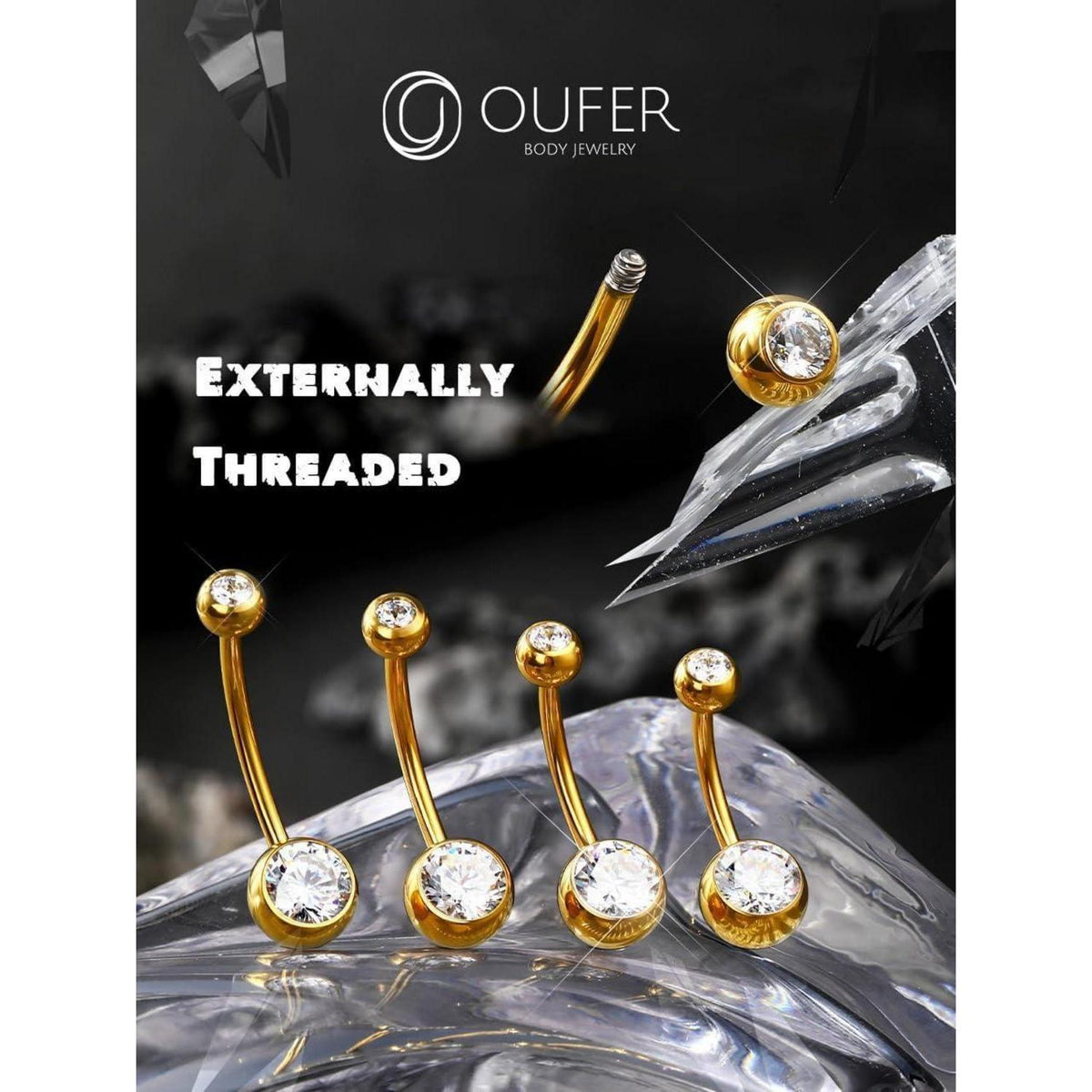 Bauchnabelpiercing Titan Gold 12mm mit klaren Zirkonia Kugeln