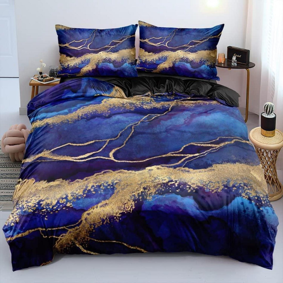 4tlg. Bettwäsche Set Marmor Gold Blau 135x200 cm Mikrofaser