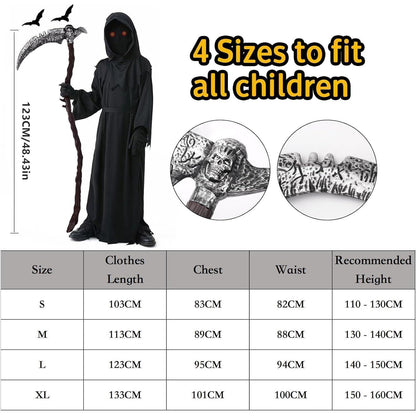 Kinder Sensenmann Kostüm mit Sense, Gr. M (8-10 Jahre)