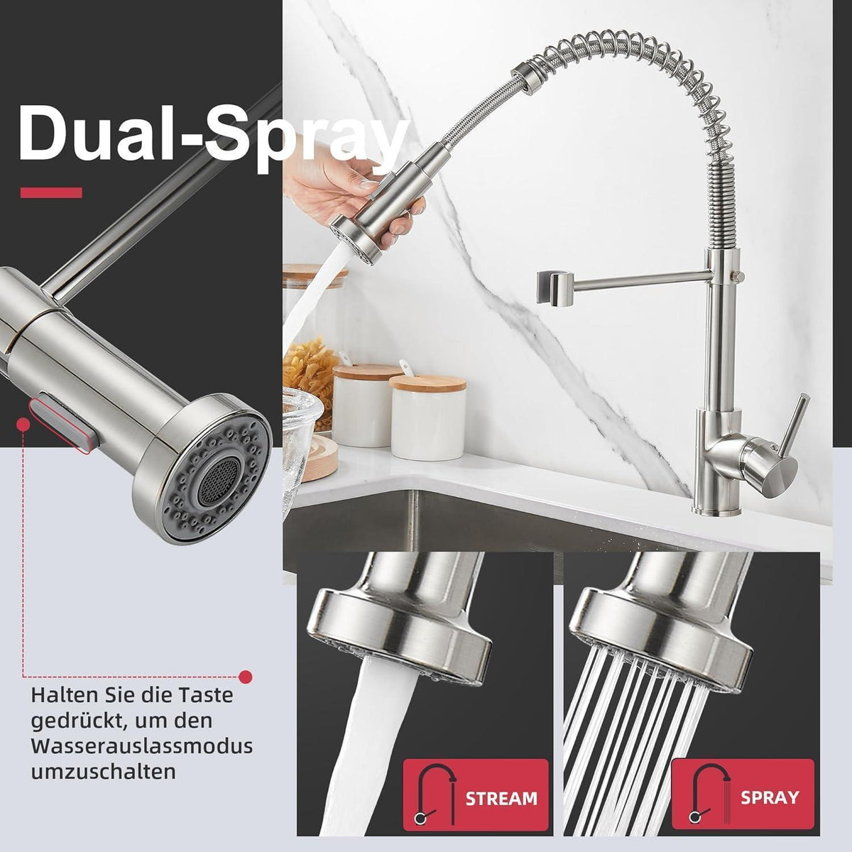 Ausziehbare Küchenarmatur mit Sprühkopf – Gebürstetes Nickel