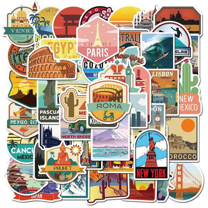 Vintage Reise Aufkleber Set – 50 Retro Vinyl Sticker für Koffer & Co.