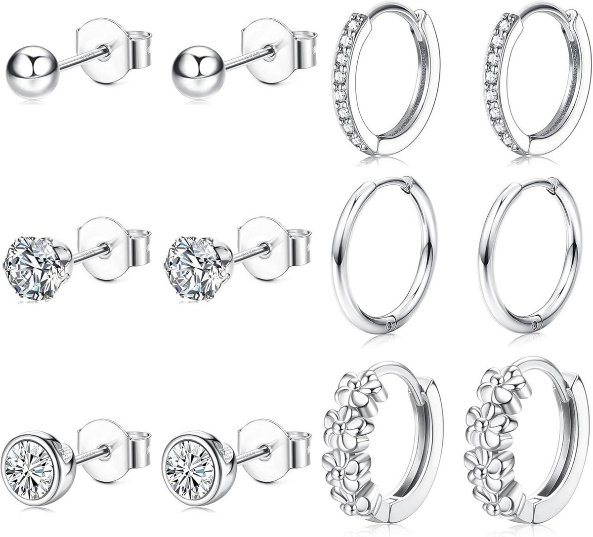 Kleine Silber Ohrringe Set Zirkonia Ohrstecker & Creolen Hypoallergen