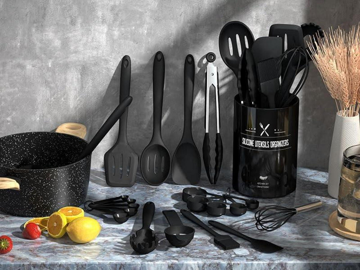Silikon Küchenhelfer Set 22 Stück Schwarz Utensilienhalter