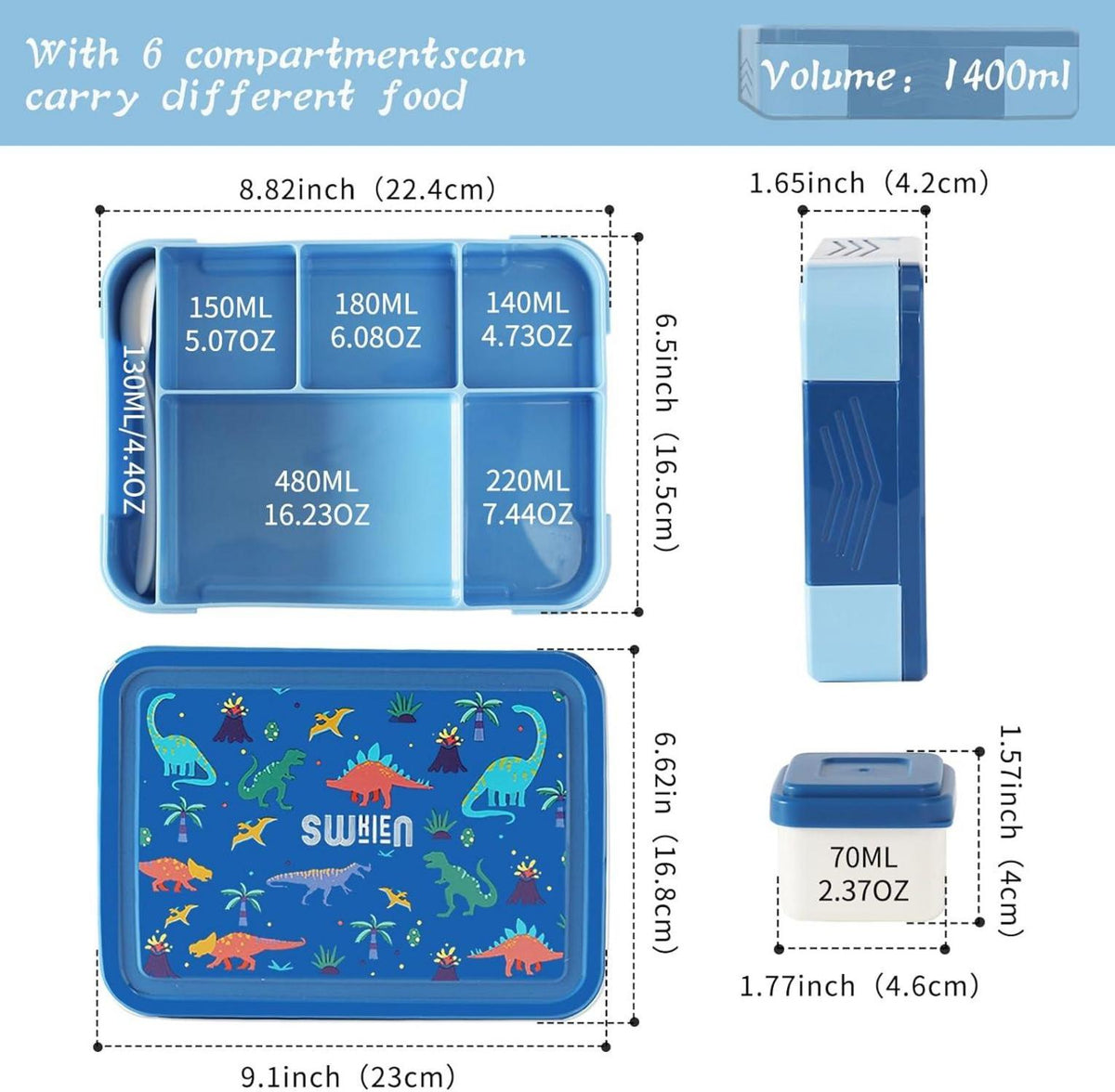 Brotdose mit Fächern 1300ml Lunchbox für Kinder auslaufsicher