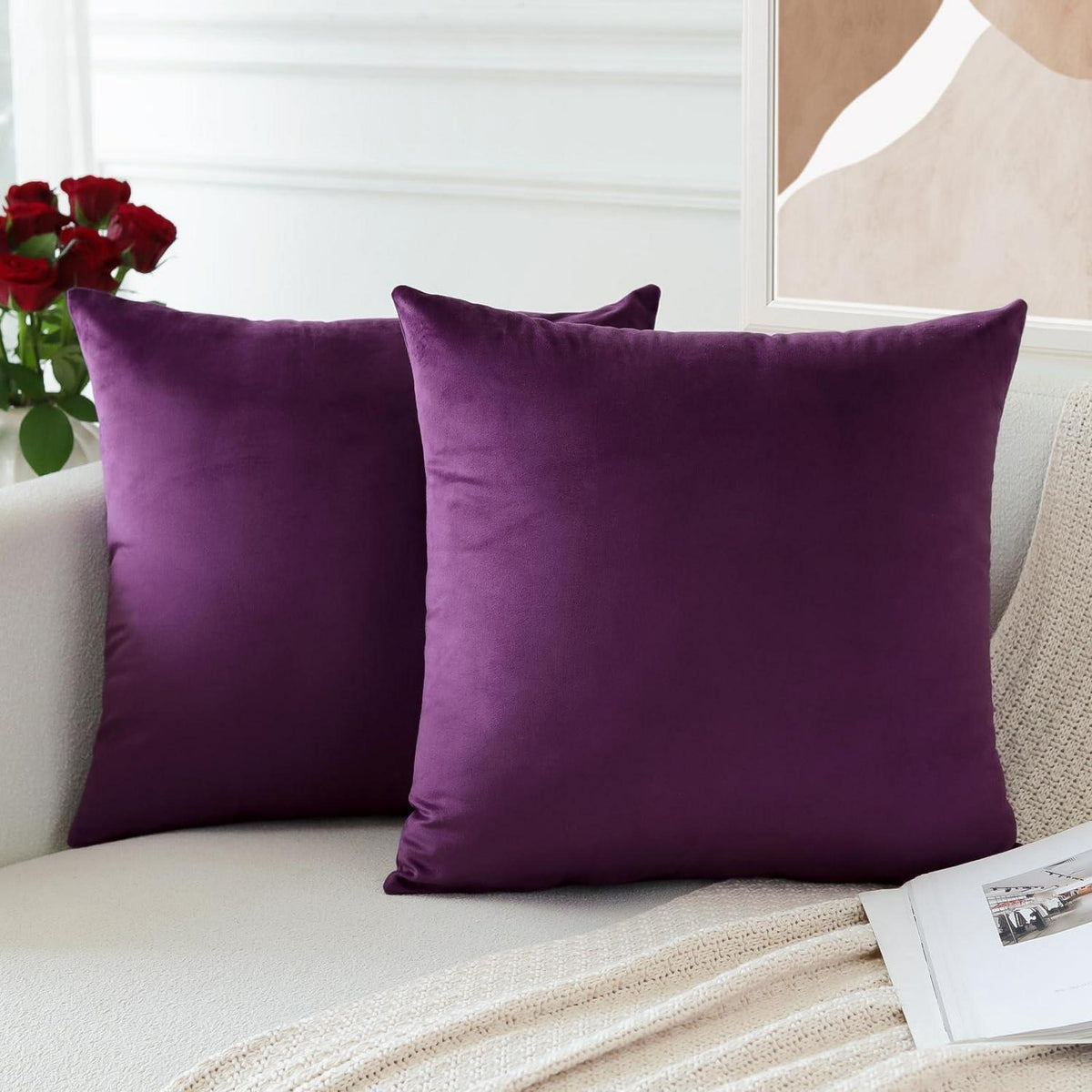 Samt Kissenbezüge 60x60 cm Aubergine Lila - 2er Set