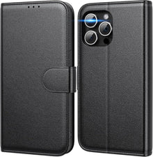 iPhone 15 Pro Handyhülle Echtleder RFID Magnet Stand Schwarz