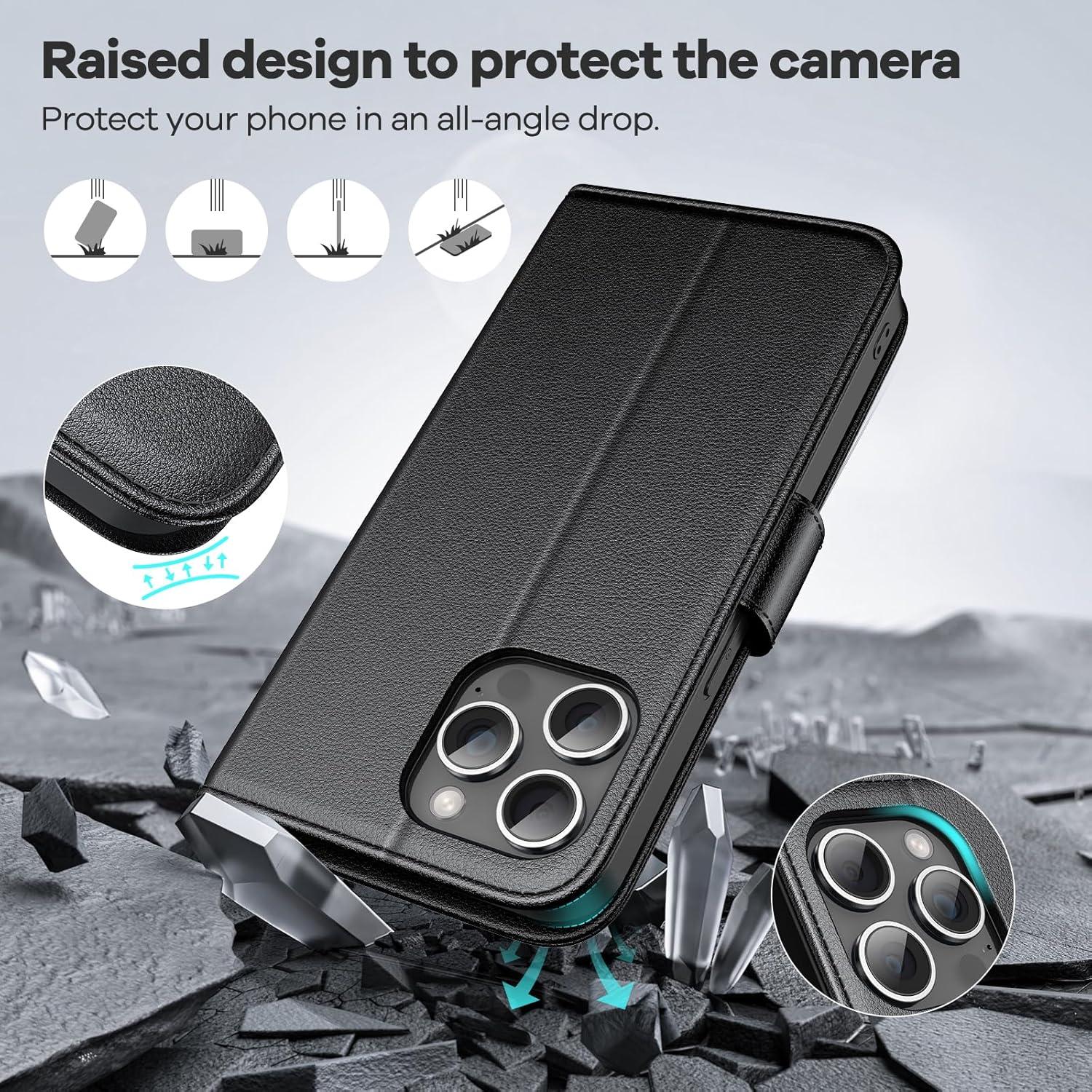 Handyhülle iPhone 15 Pro Echtleder RFID Kartenfach Magnet Stand