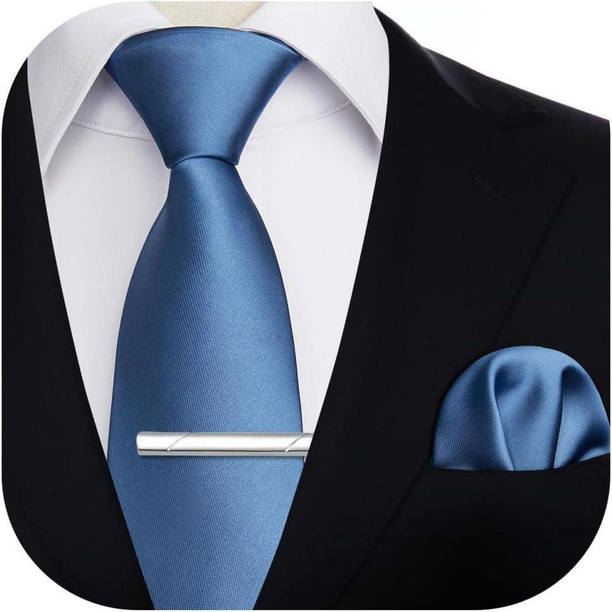 Herren Krawatten-Set mit Einstecktuch und Krawattenklammer, Blau