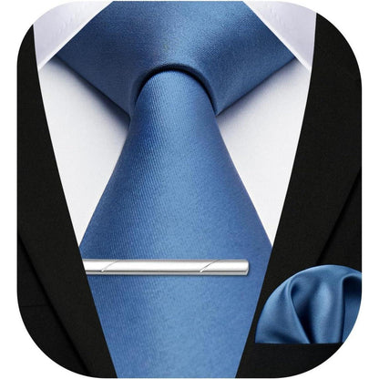 Herren Krawatten-Set mit Einstecktuch und Krawattenklammer, Blau