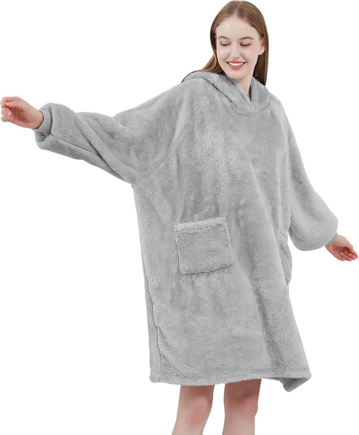 Kuschelige Hoodie Decke mit Kapuze Ärmeln Taschen Hellgrau 95x85cm