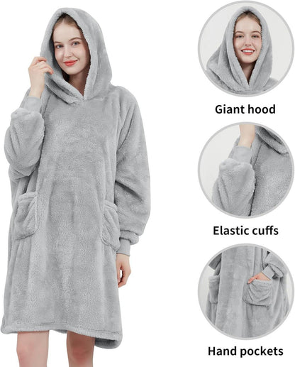Aisbo Hoodie Decke mit Ärmeln und Kapuze Flauschig Warm für Frauen Dunkelgrau
