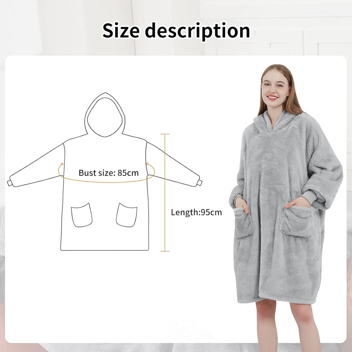 Aisbo Hoodie Decke Ärmeln Kapuze Kuschelpullover 95x85cm Hellgrau