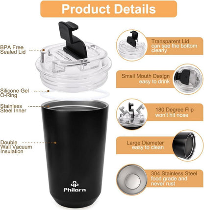 Thermobecher Kaffee to go Becher Schwarz 13oz 380ml auslaufsicher Doppelwand Edelstahl