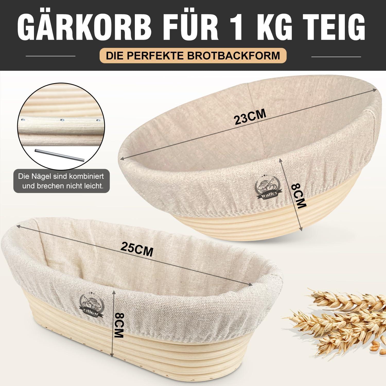 Walfos Gärkorb Brotbacken 2er-Set 23cm+25cm Natürliches Rattan inkl. Bäckermesser