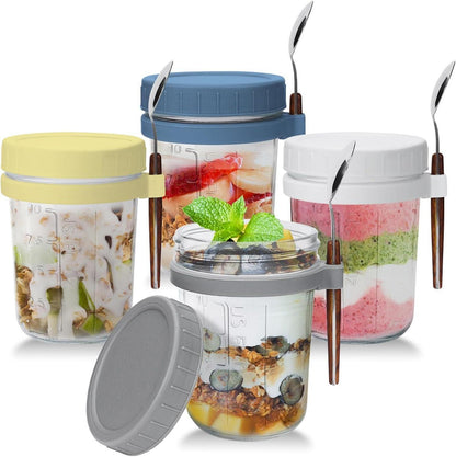 Glas Müslibecher to go mit Deckel und Löffel 4er Set 350ml