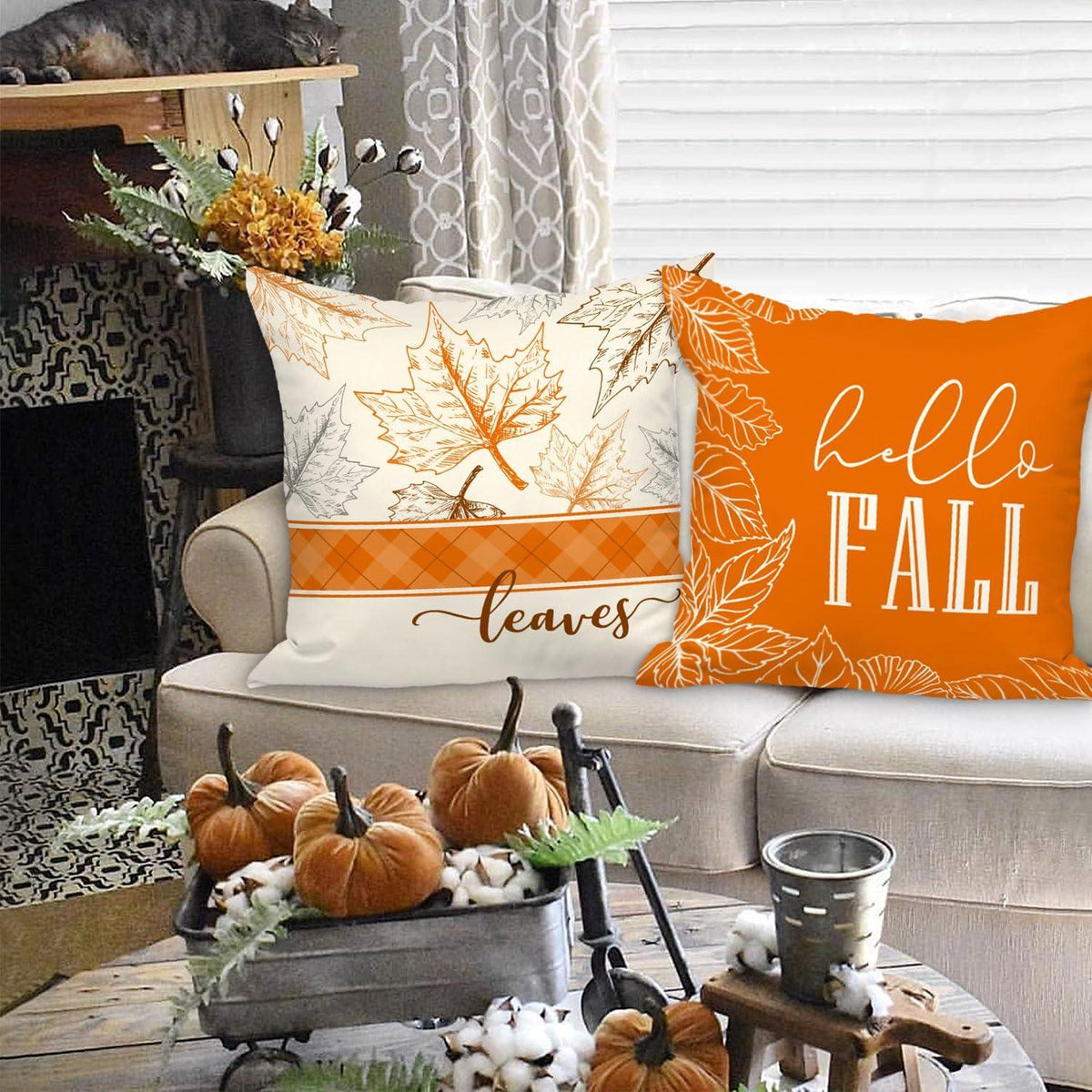 Benjia Herbst Kürbis Truck Sonnenblumen Kissenbezug 50x50cm - Set mit 4 - Dekorative Orange Thanksgiving Halloween Bettwäsche Sofa
