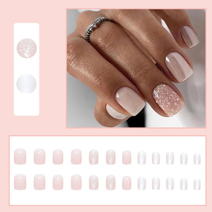 24 Stück Künstliche Nägel Kurze Eckig Nude Glitzer French