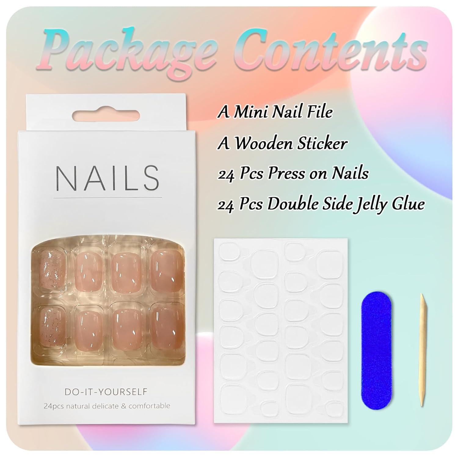 24 Stück Künstliche Nägel Kurze Glitzer French Nude Press on Nails