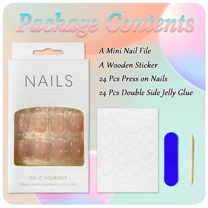 24 Stück Künstliche Nägel Kurze Glitzer French Nude Press on Nails