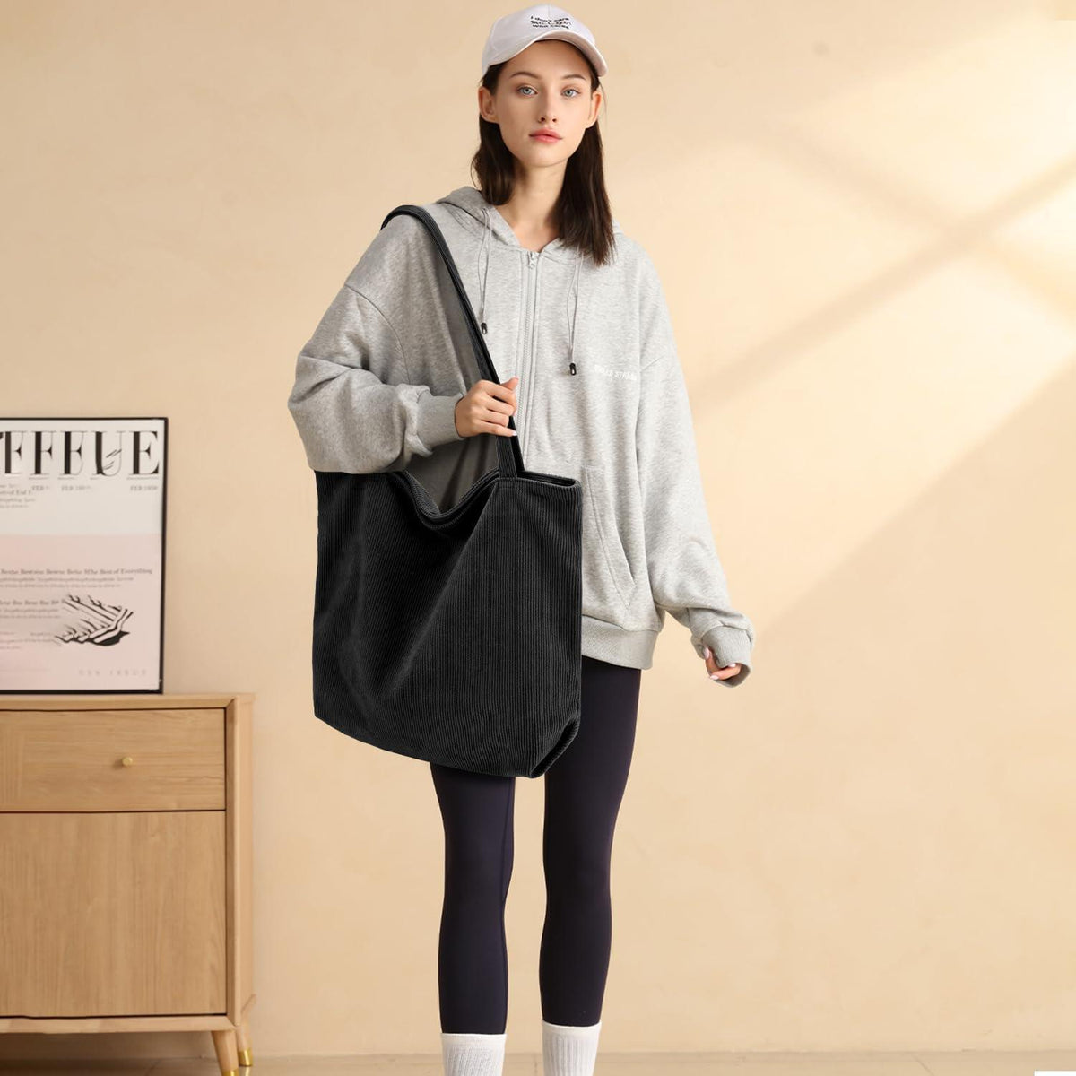 Tote Bag Damen Shopper Cord Umhängetasche Reißverschluss