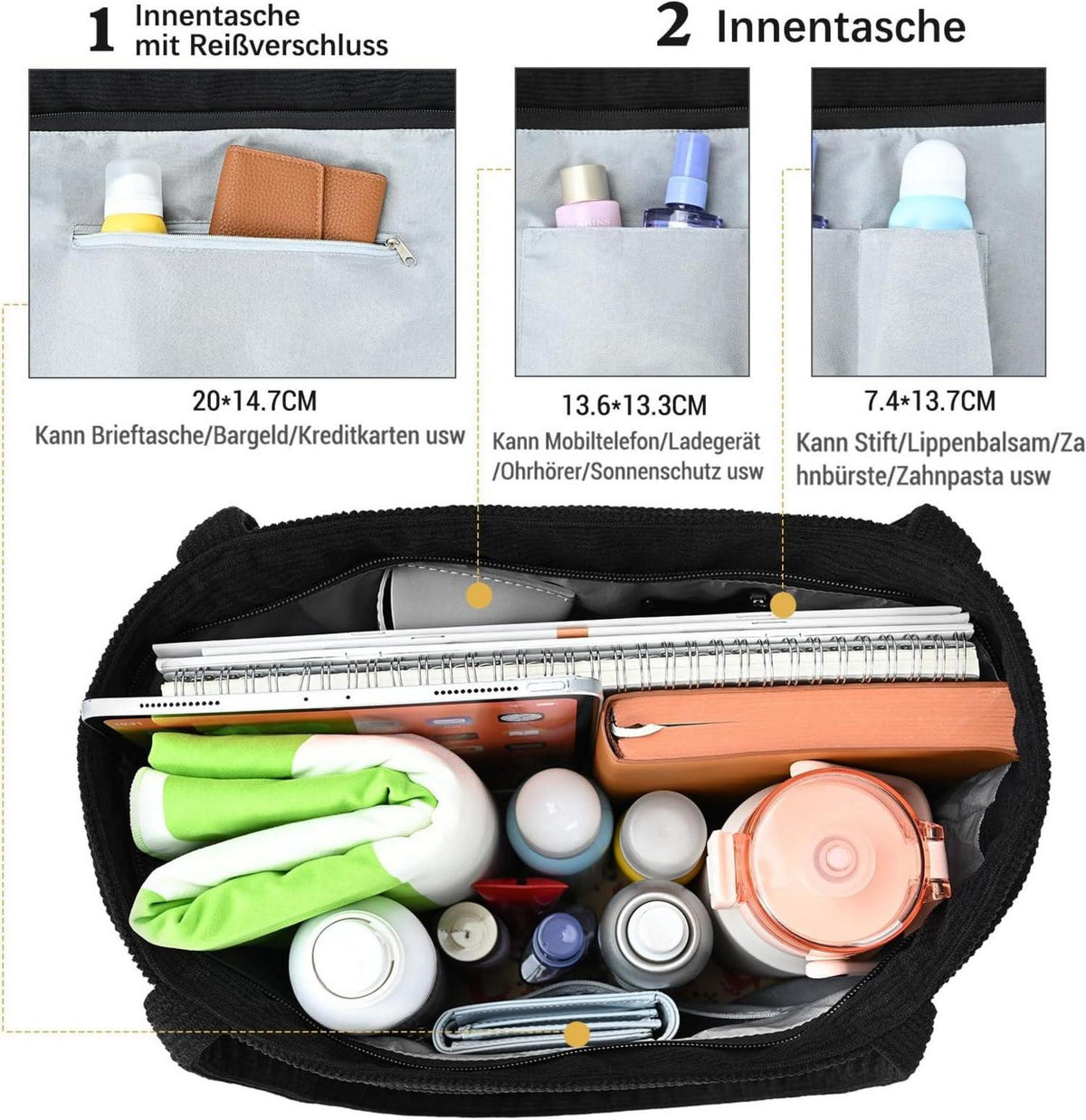 Damen Tote Bag Shopper Cord Handtasche Reißverschluss Umhängetasche