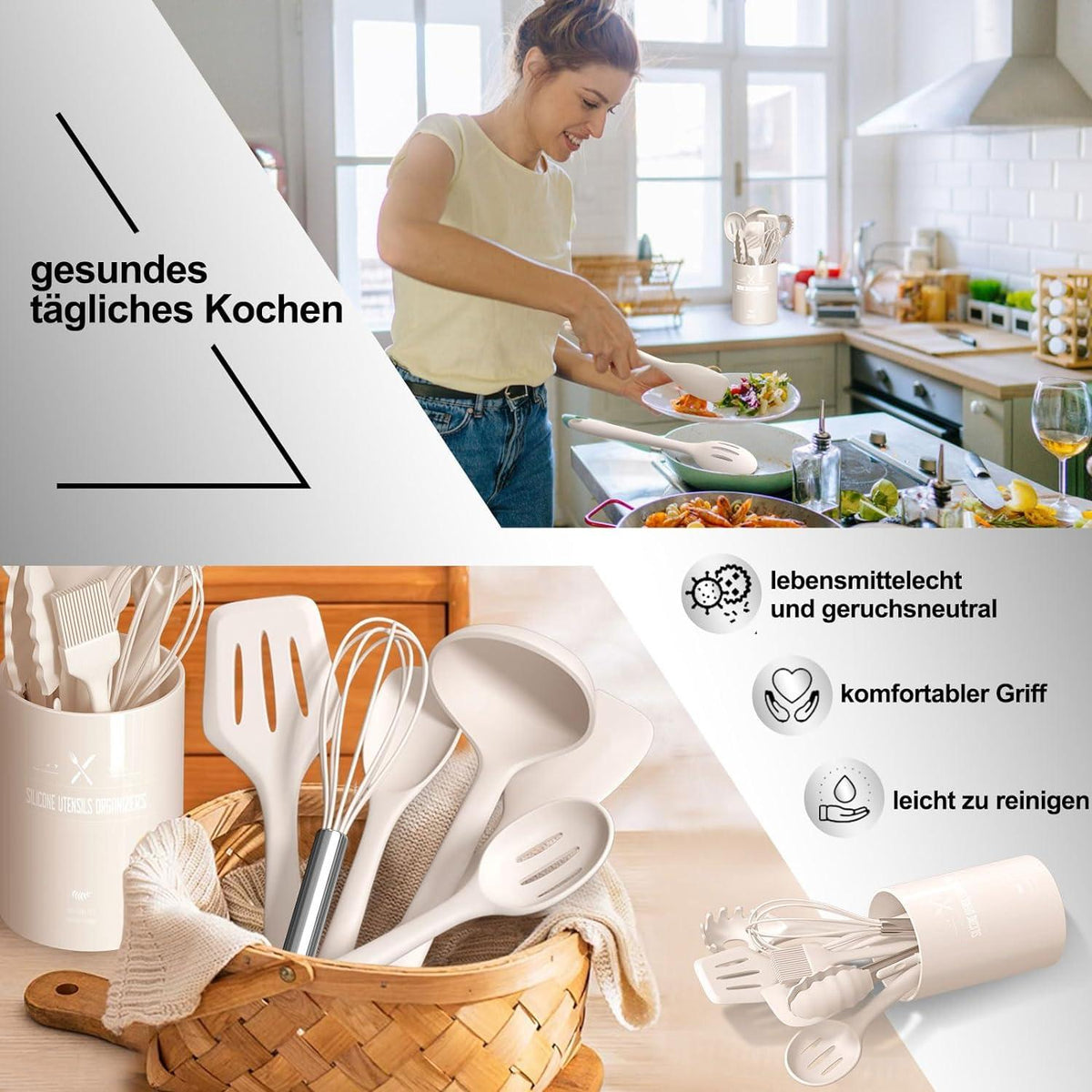 12-teiliges Silikon Kochutensilien Set mit Utensilienhalter