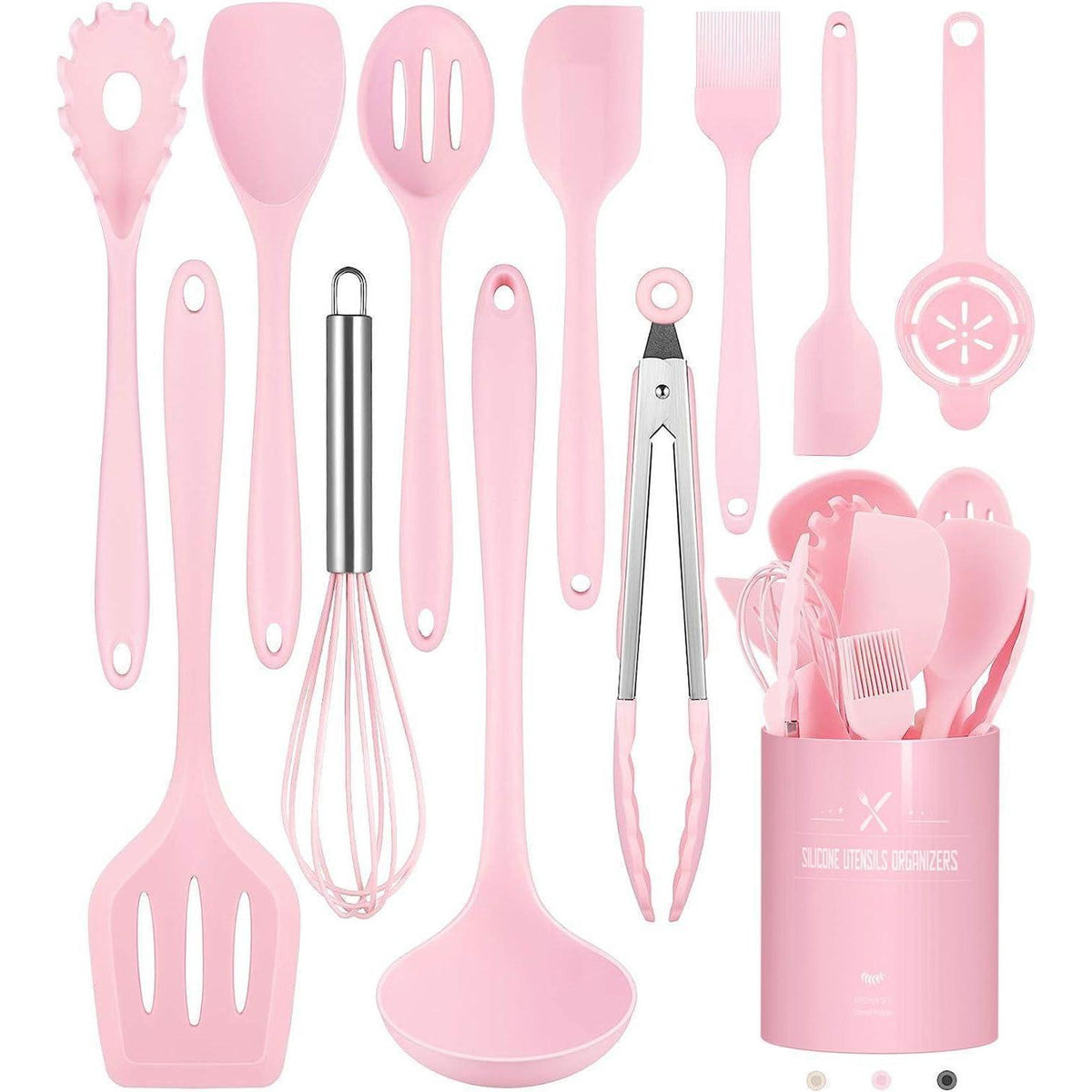 12-teiliges Silikon Küchenhelfer Set Rosa – Kochutensilien & Utensilienhalter