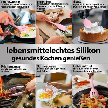 12-teiliges Silikon Küchenhelfer Set Rosa – Kochutensilien & Utensilienhalter