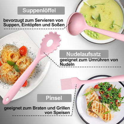 12-teiliges Silikon Küchenhelfer Set Rosa – Kochutensilien & Utensilienhalter