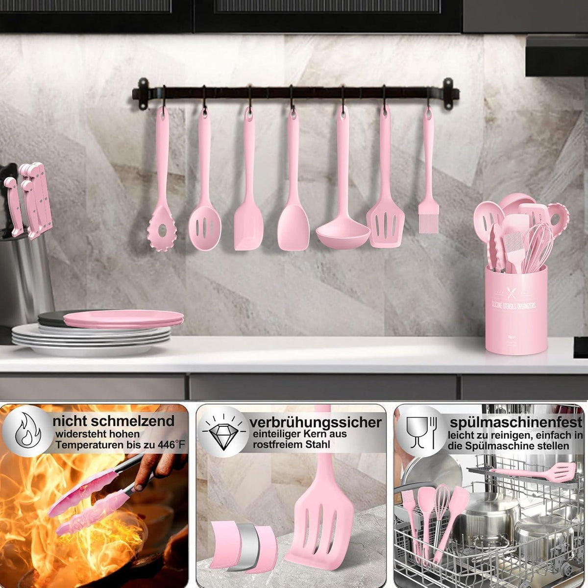 12-teiliges Silikon Küchenhelfer Set Rosa – Kochutensilien & Utensilienhalter
