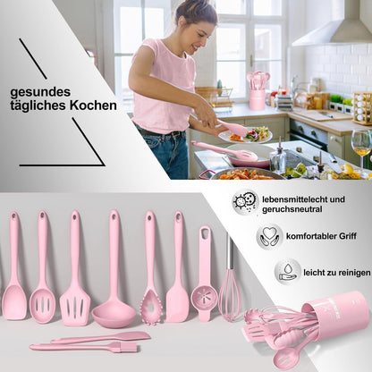 12-teiliges Silikon Küchenhelfer Set Rosa – Kochutensilien & Utensilienhalter