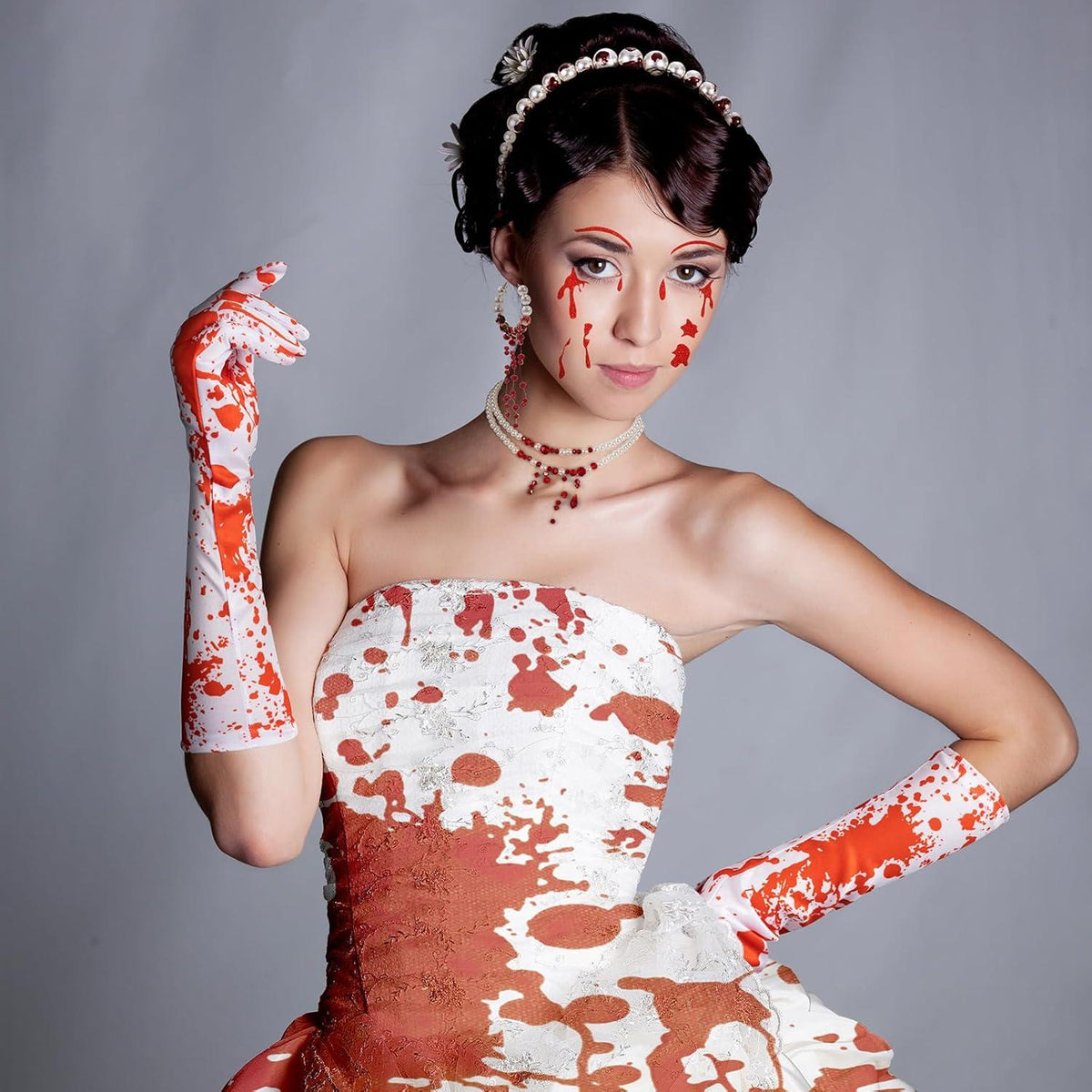 Halloween Damen Kostüm Haarreif Blut Ohrringe Handschuhe Tattoo