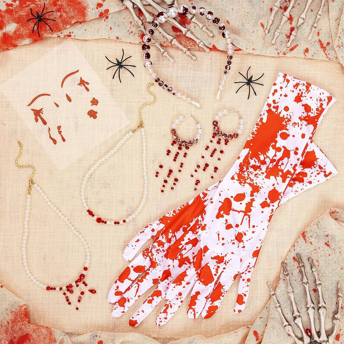 Halloween Damen Kostüm Haarreif Blut Ohrringe Handschuhe Tattoo