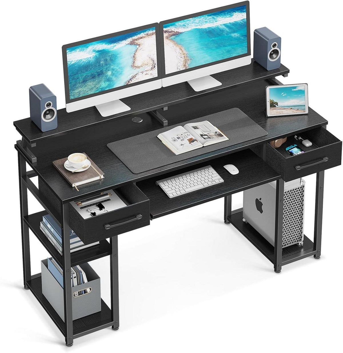 Schreibtisch mit Schubladen und Monitorständer 120x48x90cm Schwarz